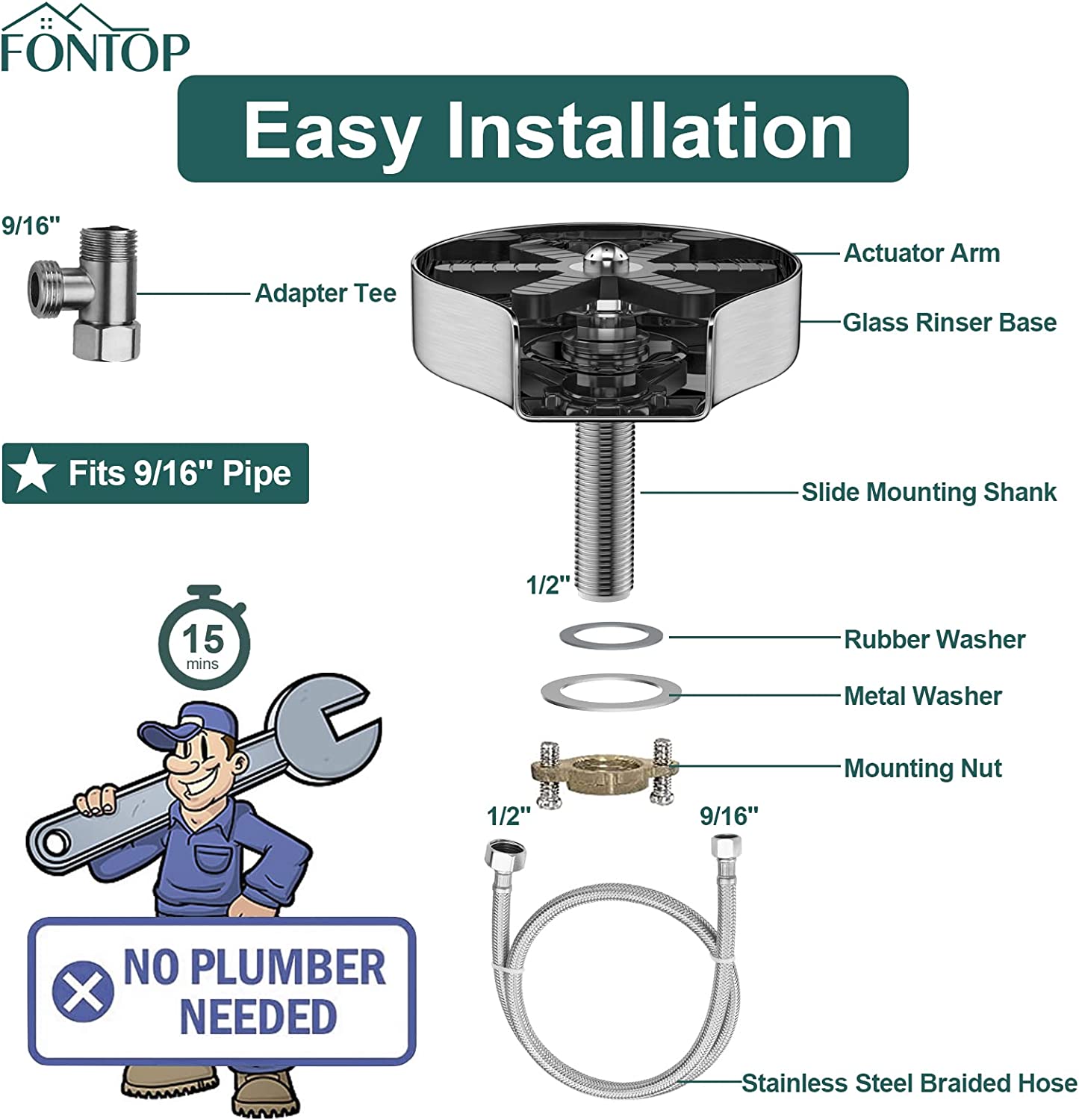 FONTOP Glass Rinser with 360° Rotating Jet GRXZLS