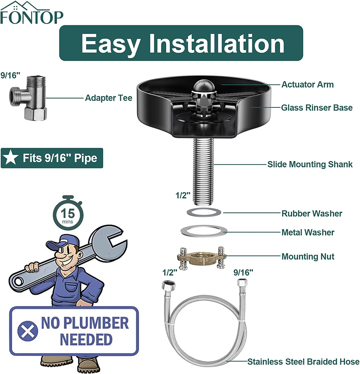 FONTOP Glass Rinser with 360° Rotating Jet GRXZDH